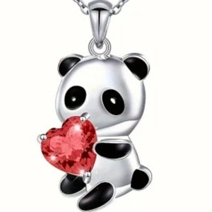 STERLING ENAMEL PANDA GARNET HEART 2 INCH 22 INCH CHAIN
